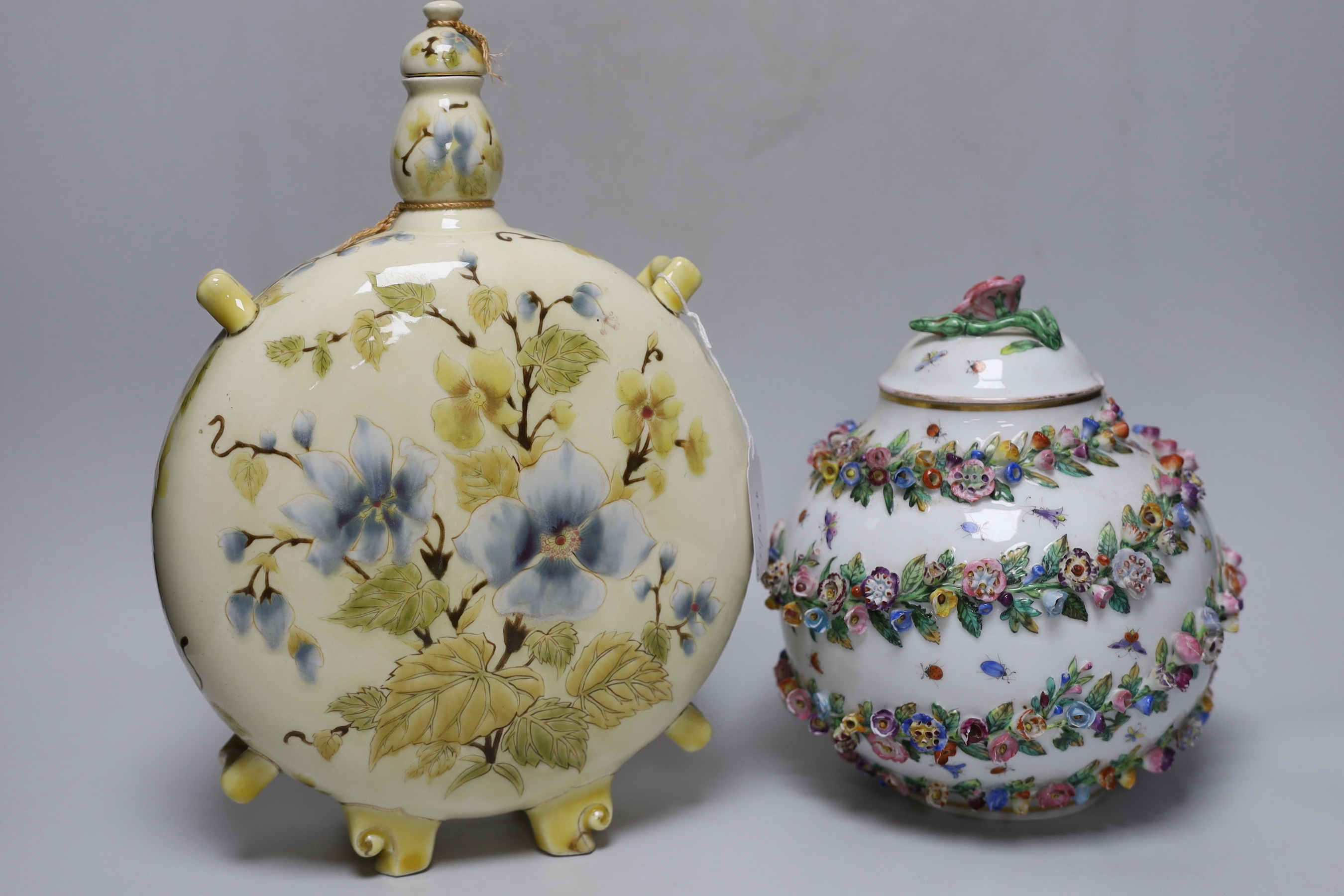 A Zsolnay Pecs pottery moonflask and a Herend porcelain flower encrusted jar and cover, c.1895, tallest 33cm